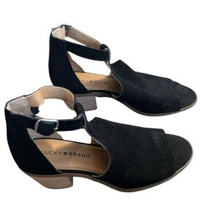 Lucky Brand Baxley Bootie Sandal Black Suede with Heel Size 8